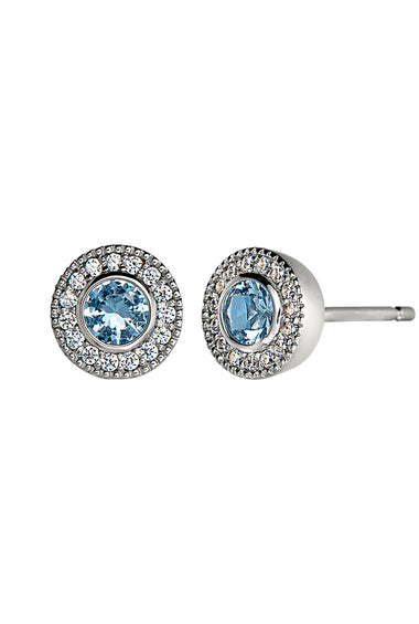 Sterling silver halo blue topaz stud earrings with pavé crystal accents