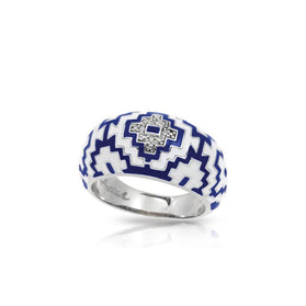 Sterling silver ring with blue Aztec enamel pattern and cross motif