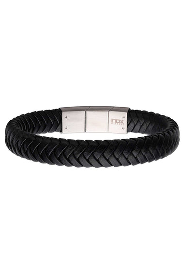 Black braided leather bracelet with stainless steel clasp and central plate