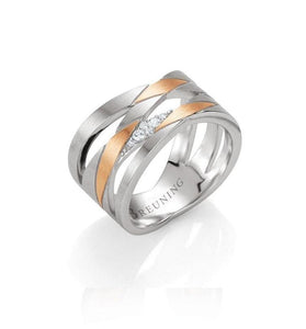 Sterling silver in a braided pattern feature glistening white stones with accents of rose gold