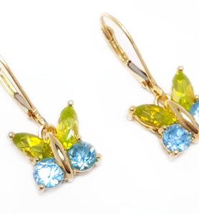 butterfly inspired 14k yellow gold, marquise peridot, and round blue topaz dangle earrings