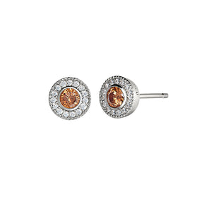 Round sterling silver stud earrings with citrine center and diamond halo bezel