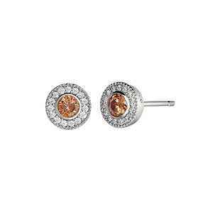 Round sterling silver stud earrings with citrine center and diamond halo bezel