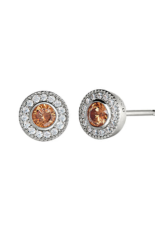 Round sterling silver stud earrings with citrine center and diamond halo bezel