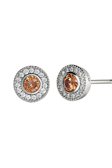 Round sterling silver stud earrings with citrine center and diamond halo bezel