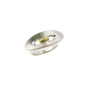 Silver ring with matte finish and gold center inset, shown from a low angle