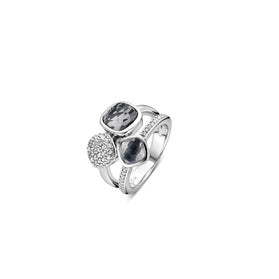 Sterling silver triple bezel ring with gray faceted and black stones, pave accents