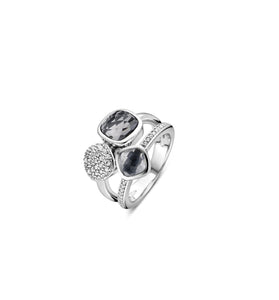 Sterling silver triple bezel ring with gray faceted and black stones, pave accents