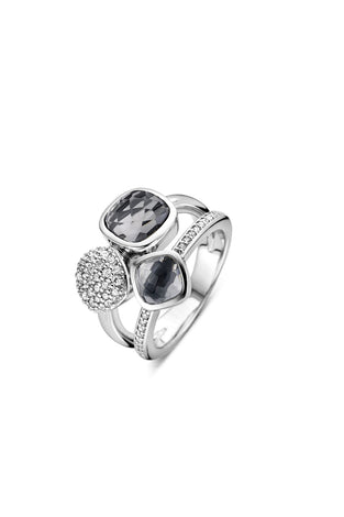 Sterling silver triple bezel ring with gray faceted and black stones, pave accents