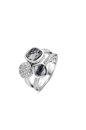 Sterling silver triple bezel ring with gray faceted and black stones, pave accents