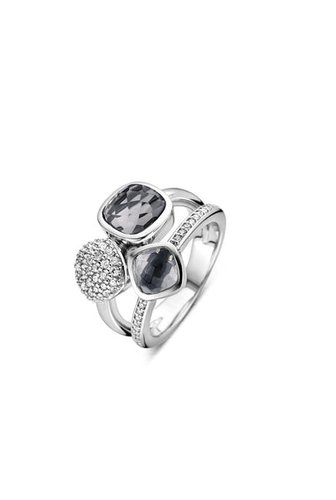 Sterling silver triple bezel ring with gray faceted and black stones, pave accents