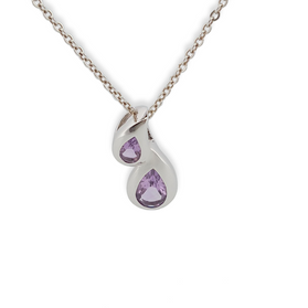 Sterling silver double teardrop amethyst pendant with purple gemstones and chain
