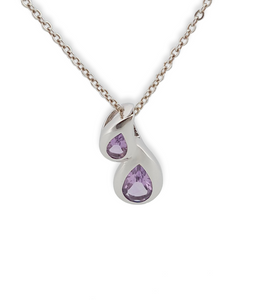 Sterling silver double teardrop amethyst pendant with purple gemstones and chain