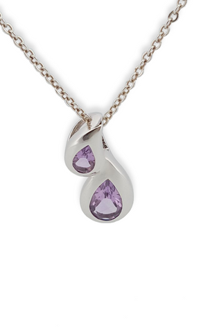 Sterling silver double teardrop amethyst pendant with purple gemstones and chain