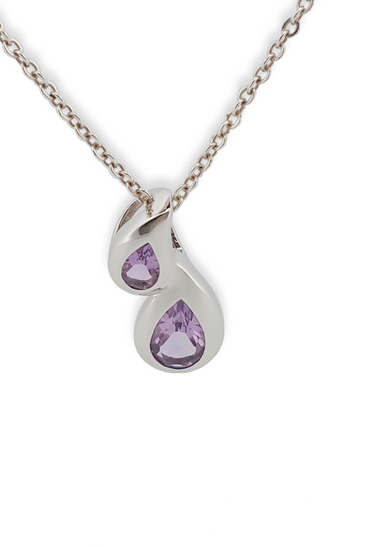 Sterling silver double teardrop amethyst pendant with purple gemstones and chain