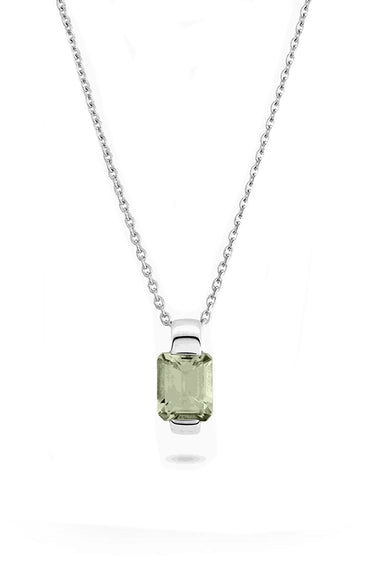 Sterling silver pendant necklace with rectangular green amethyst gemstone bezel