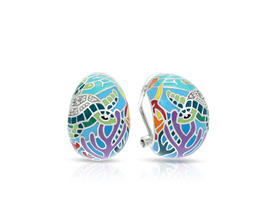 Sterling silver sea turtle enamel stud earrings, multicolor oval bezel