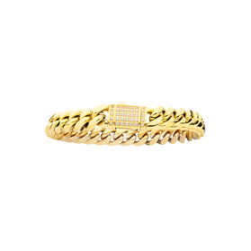Gold-tone Cuban chain bracelet with wide links and square diamond-style stud panel