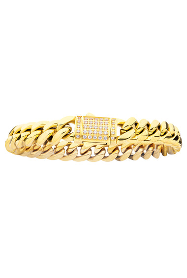 Gold-tone Cuban chain bracelet with wide links and square diamond-style stud panel