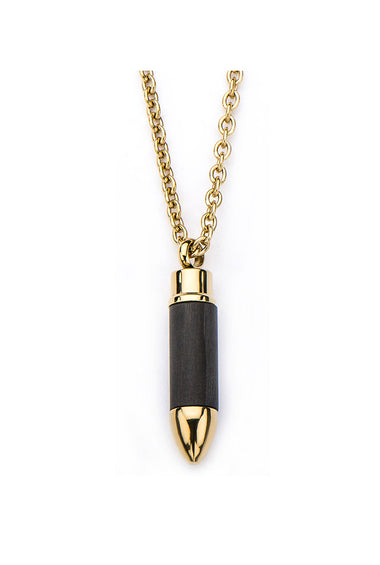 Bullet pendant necklace with gold-tone bail, dark center, and pointed gold tip design