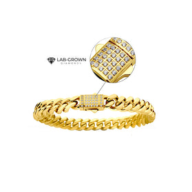 Gold-tone Cuban chain bracelet with round diamond-look bezel centerpiece