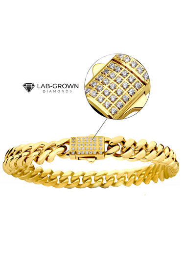 Gold-tone Cuban chain bracelet with round diamond-look bezel centerpiece