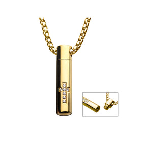Memorial cross pendant with box chain, gold-tone pendant plus detail view of clasp