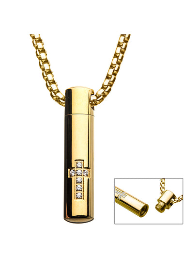 Memorial cross pendant with box chain, gold-tone pendant plus detail view of clasp