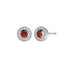 Round halo stud earrings with red garnet centers, sterling silver posts, crystal border