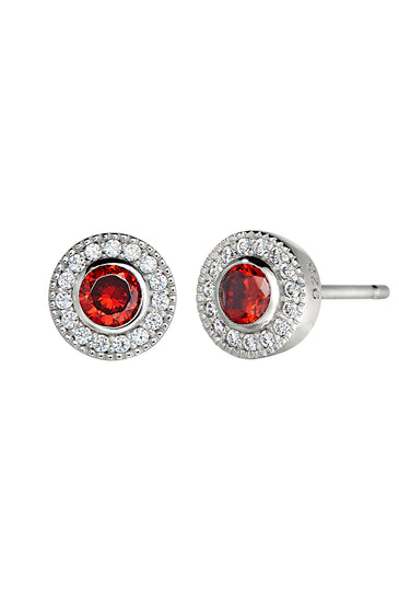 Round halo stud earrings with red garnet centers, sterling silver posts, crystal border