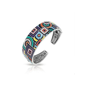 Sterling silver geometric multicolor bangle with inlaid square and circle motifs
