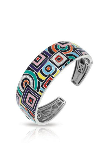 Sterling silver geometric multicolor bangle with inlaid square and circle motifs
