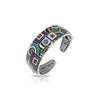 Sterling silver geometric multicolor bangle with inlaid square and circle motifs
