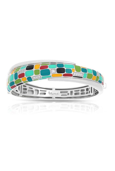 Sterling silver bangle with multicolor mosaic enamel pattern and metal bezel