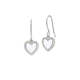 Sterling silver heart earrings with white enamel center and crystal border