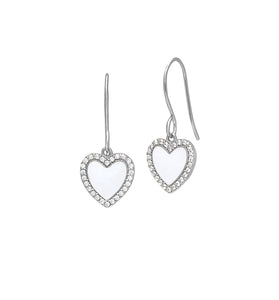 Sterling silver heart earrings with white enamel center and crystal border