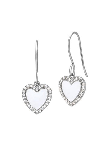 Sterling silver heart earrings with white enamel center and crystal border