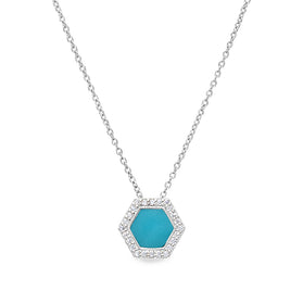 Hexagon turquoise enamel pendant with jeweled silver frame on chain