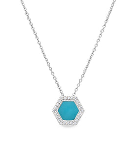Hexagon turquoise enamel pendant with jeweled silver frame on chain