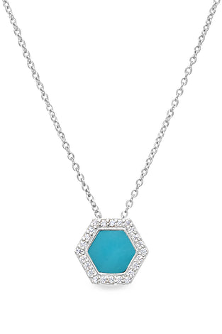 Hexagon turquoise enamel pendant with jeweled silver frame on chain