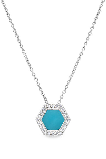 Hexagon turquoise enamel pendant with jeweled silver frame on chain