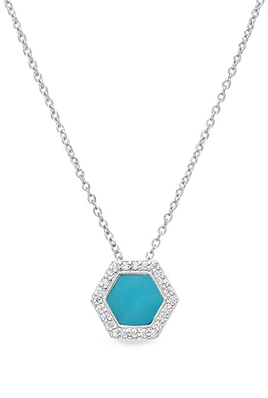 Hexagon turquoise enamel pendant with jeweled silver frame on chain
