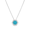 Hexagon turquoise enamel pendant with jeweled silver frame on chain