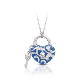 Blue enamel padlock pendant with key charm, sterling silver tone, on chain