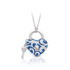 Blue enamel padlock pendant with key charm, sterling silver tone, on chain