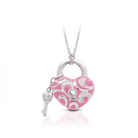 Heart-shaped padlock pendant in silver with pink enamel and small key charm