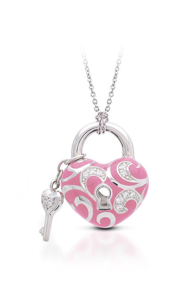 Heart-shaped padlock pendant in silver with pink enamel and small key charm