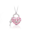 Heart-shaped padlock pendant in silver with pink enamel and small key charm