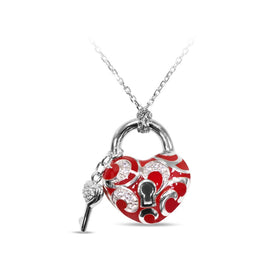 Sterling silver lock pendant with red enamel and key on chain
