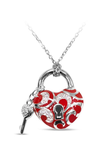 Sterling silver lock pendant with red enamel and key on chain